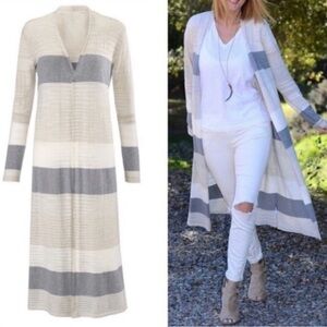 Cabi Vineyard White & Gray Stripe Duster Cardigan Sweater M #5018